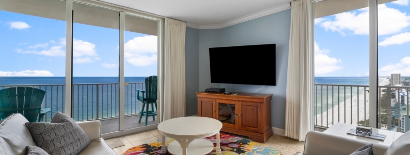 Panama City Beach vacation rental condo with Gulf view, dining area, and beachfront balcony