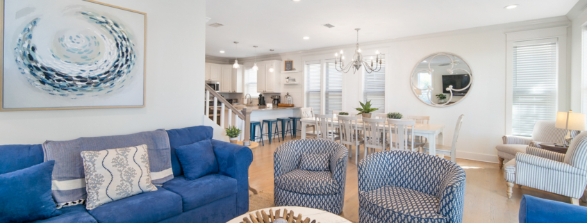 Open living room, dining area and kitchen at Beauty and the Beach near Inlet Beach and 30A