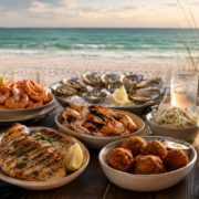 Gulf Coast seafood dinner with grilled fish, shrimp, oysters, crab legs and hush puppies overlooking the emerald-green water and white-sand beach.