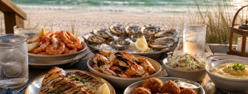 Gulf Coast seafood dinner with grilled fish, shrimp, oysters, crab legs and hush puppies overlooking the emerald-green water and white-sand beach.