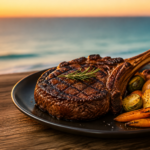 Grilled bone-in ribeye served near the Gulf at sunset