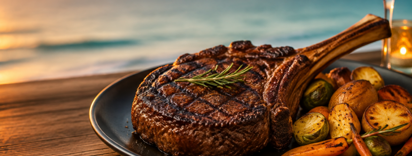 Grilled bone-in ribeye served near the Gulf at sunset